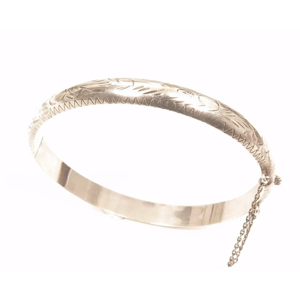 Vintage Floral Etched Sterling Silver Hinged Bangle Bracelet*Safety Chain*925